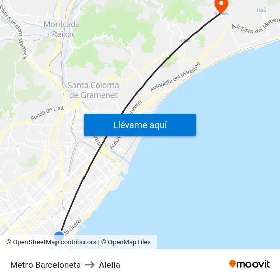 Metro Barceloneta to Alella map