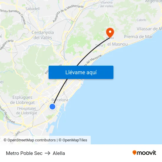 Metro Poble Sec to Alella map