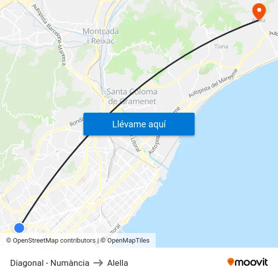 Diagonal - Numància to Alella map