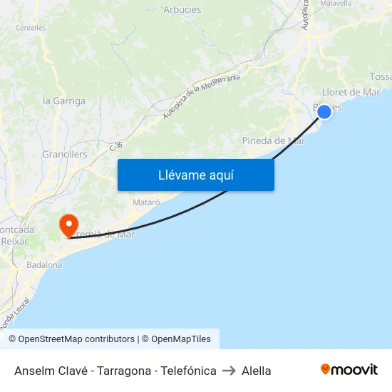 Anselm Clavé - Tarragona - Telefónica to Alella map