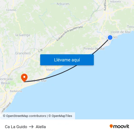 Ca La Guido to Alella map