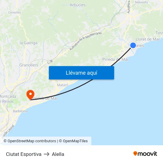 Ciutat Esportiva to Alella map