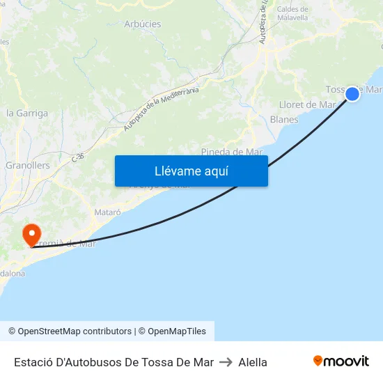 Estació D'Autobusos De Tossa De Mar to Alella map