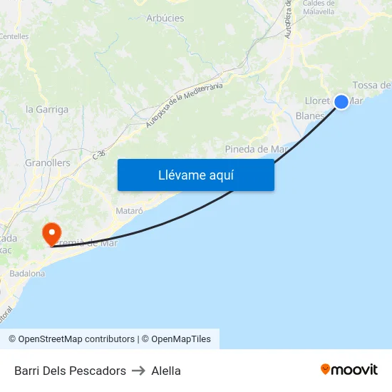 Barri Dels Pescadors to Alella map