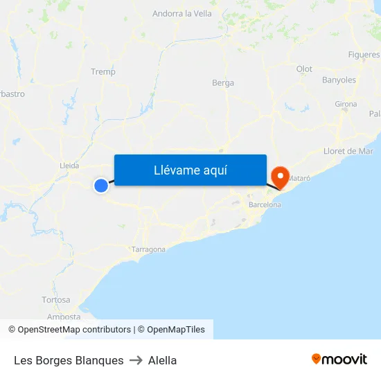 Les Borges Blanques to Alella map