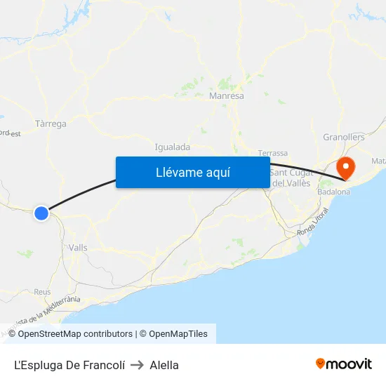 L'Espluga De Francolí to Alella map