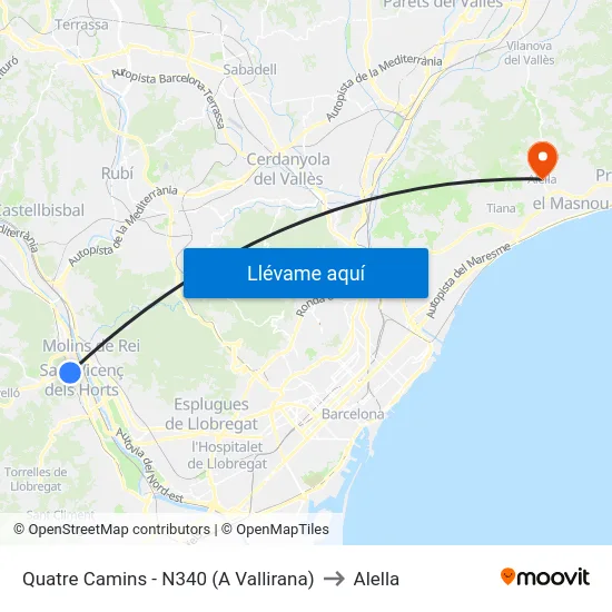 Quatre Camins - N340 (A Vallirana) to Alella map