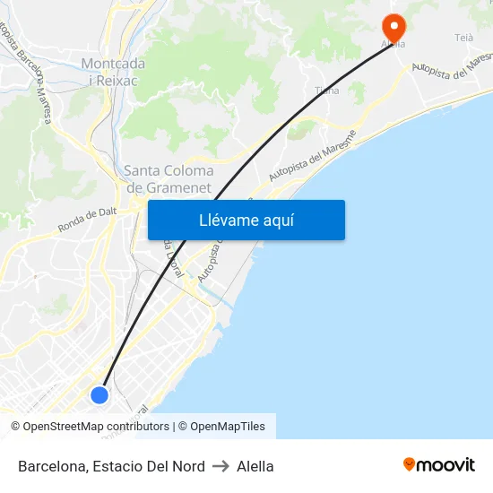 Barcelona, Estacio Del Nord to Alella map