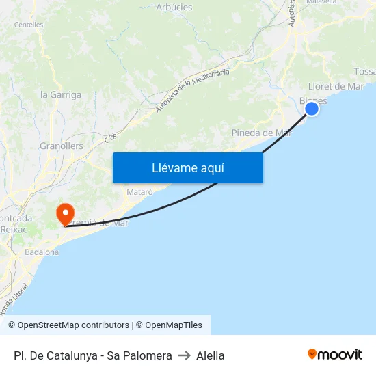 Pl. De Catalunya - Sa Palomera to Alella map
