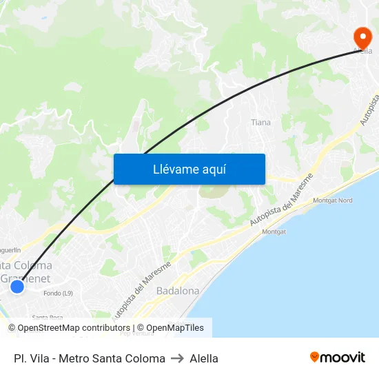 Pl. Vila - Metro Santa Coloma to Alella map