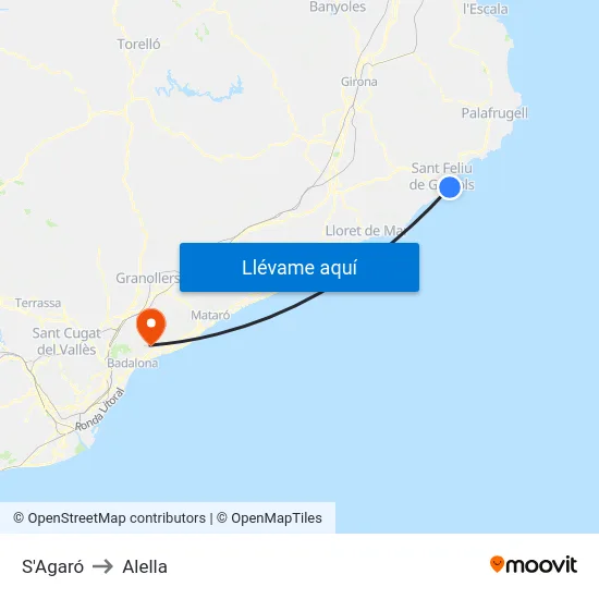 S'Agaró to Alella map