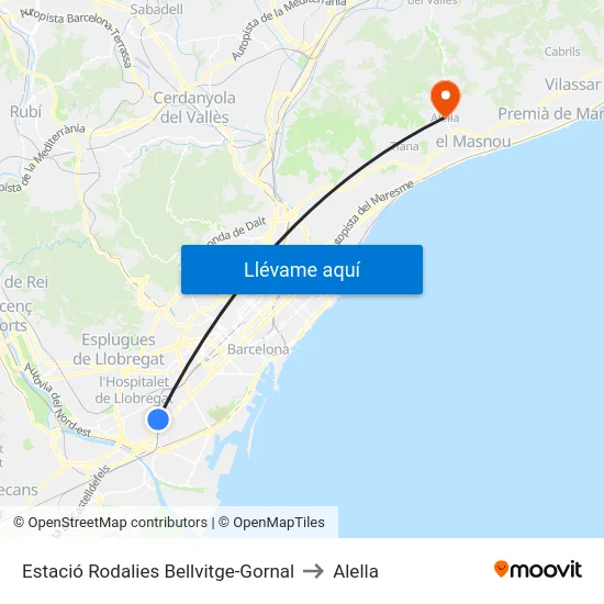 Estació Rodalies Bellvitge-Gornal to Alella map