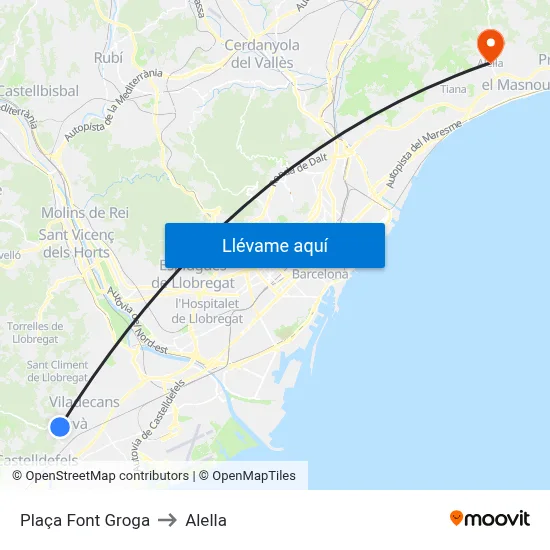 Plaça Font Groga to Alella map