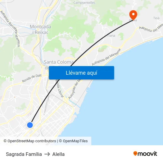 Sagrada Família to Alella map