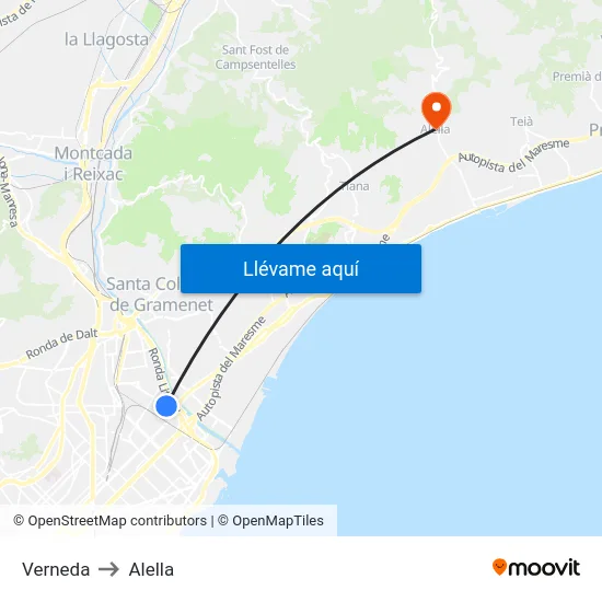 Verneda to Alella map