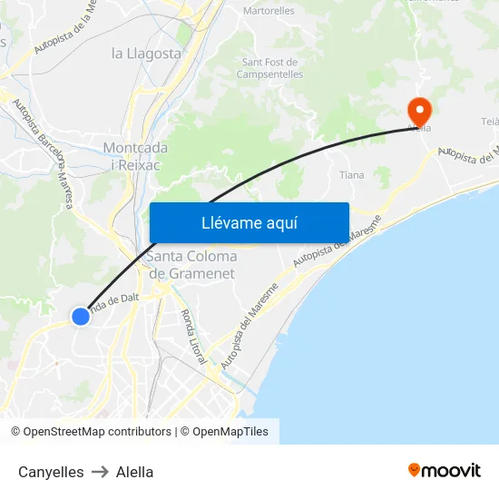 Canyelles to Alella map