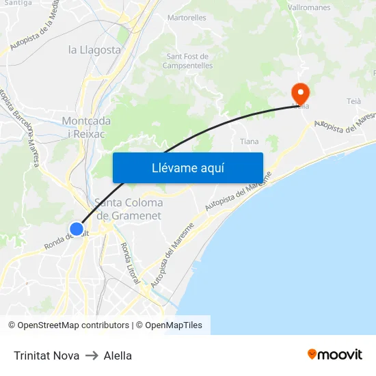Trinitat Nova to Alella map
