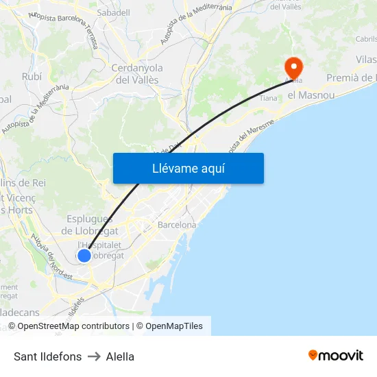 Sant Ildefons to Alella map