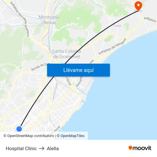 Hospital Clínic to Alella map