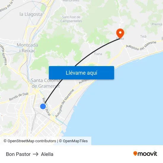 Bon Pastor to Alella map