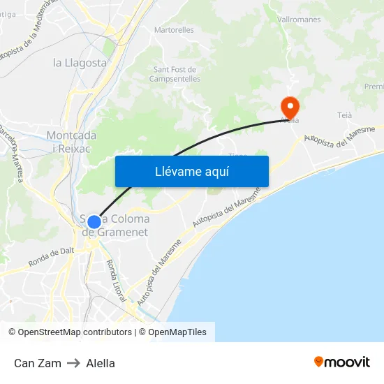 Can Zam to Alella map