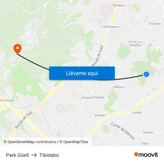 Park Güell to Tibidabo map