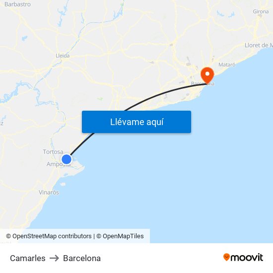 Camarles to Barcelona map