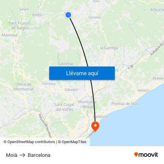 Moià to Barcelona map