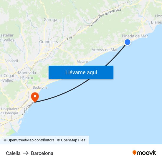 Calella to Barcelona map