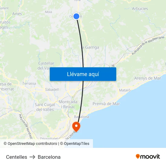 Centelles to Barcelona map