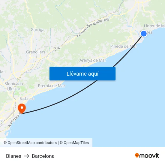 Blanes to Barcelona map