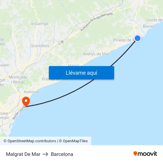 Malgrat De Mar to Barcelona map