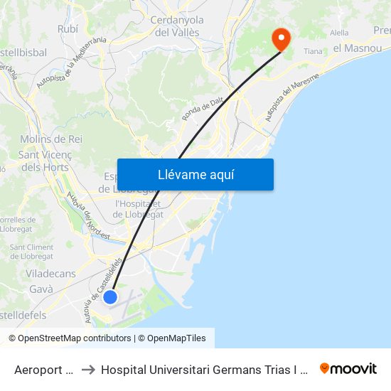 Aeroport T2 to Hospital Universitari Germans Trias I Pujol map