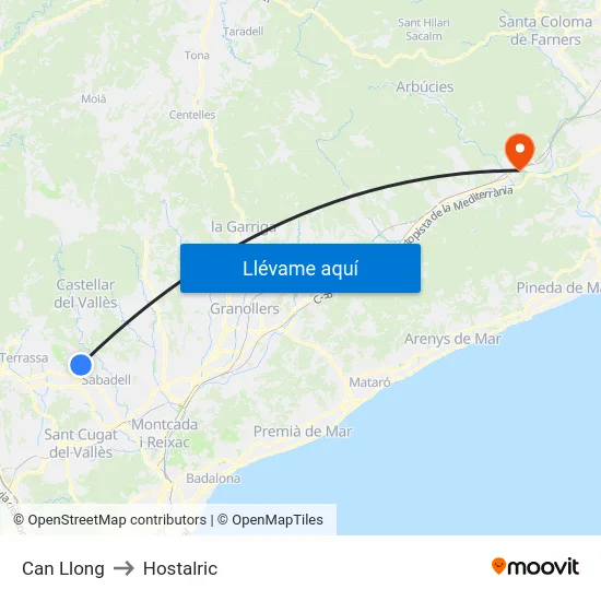 Can Llong to Hostalric map