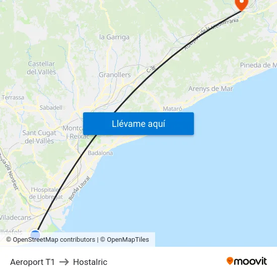 Aeroport T1 to Hostalric map