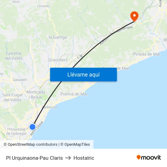 Pl Urquinaona-Pau Claris to Hostalric map