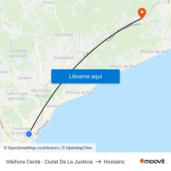 Ildefons Cerdà - Ciutat De La Justícia to Hostalric map