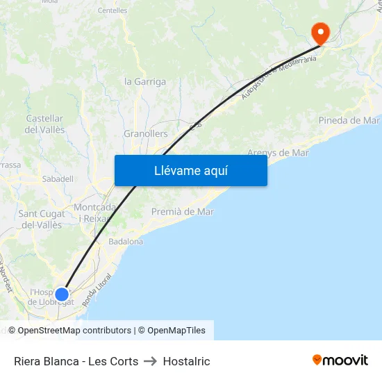 Riera Blanca - Les Corts to Hostalric map