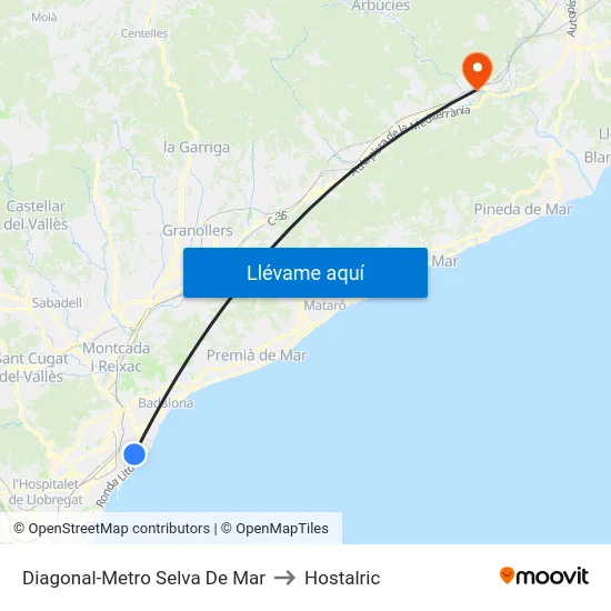 Diagonal-Metro Selva De Mar to Hostalric map