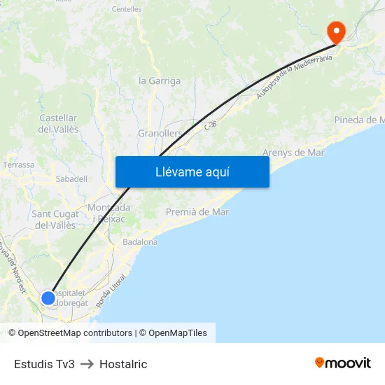 Estudis Tv3 to Hostalric map