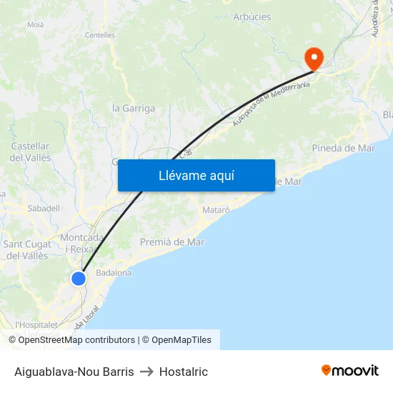 Aiguablava-Nou Barris to Hostalric map