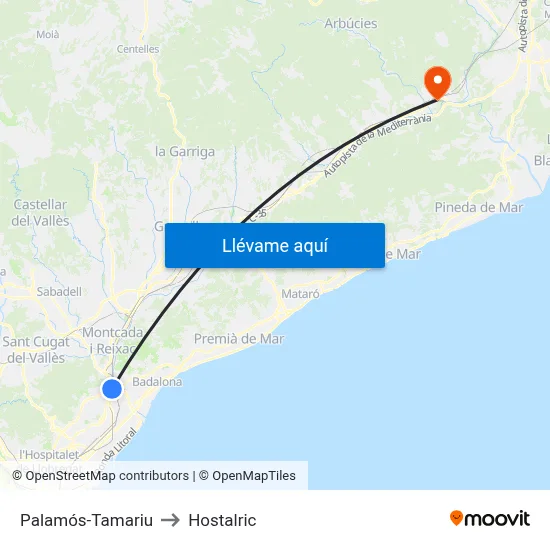 Palamós-Tamariu to Hostalric map