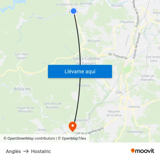 Anglès to Hostalric map