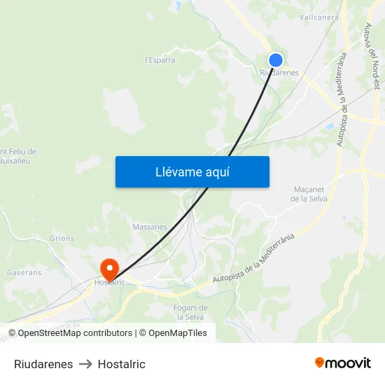 Riudarenes to Hostalric map