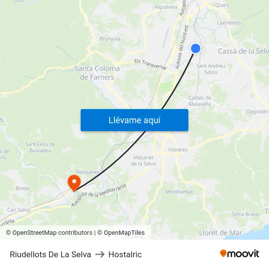 Riudellots De La Selva to Hostalric map