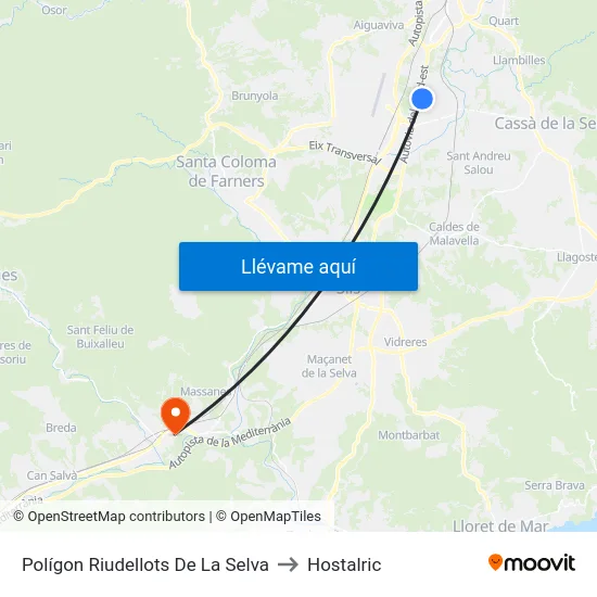 Polígon Riudellots De La Selva to Hostalric map