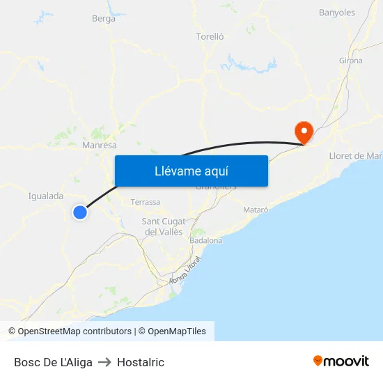 Bosc De L'Aliga to Hostalric map