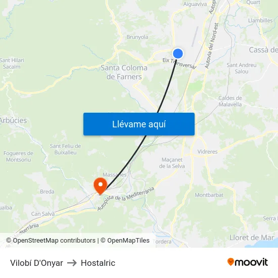 Vilobí D'Onyar to Hostalric map
