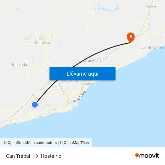 Can Trabal to Hostalric map