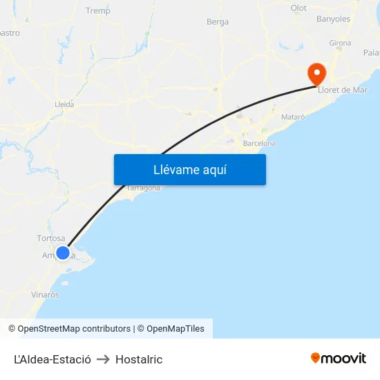 L'Aldea-Estació to Hostalric map